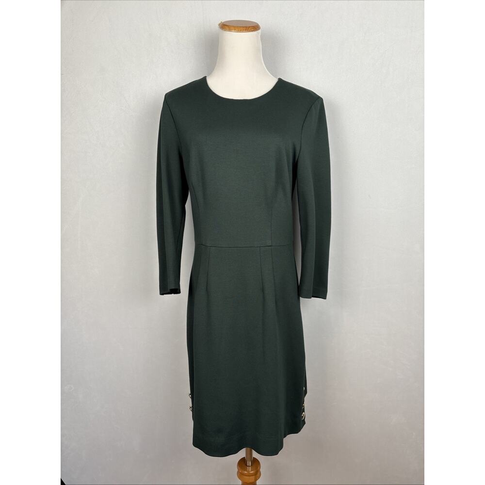 Trina Turk Ponte Knit Sheath Dress Gold Tone Buttons Women's 8 Green Officewear - Picture 2 of 9